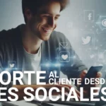 PERSONA UTILIZANDO UNA COMPUTADORA Y UN CELULAR, AL REDEDOR DE LA PERSONA APARECEN ICONOS TECNOLÓGICOS EN REPRESENTACIÓN GRÁFICA DE LO QUE ESTA HACENDO EN LOS DISPOSITIVOS ELECTRÓNICOS Y UN TEXTO CON EL TÍTULO soporte al cliente desde Redes Sociales